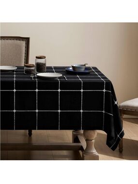 ZeeMart Grid Embroidered Hemmed Tablecloths, Black 60x84 Inch 871-C